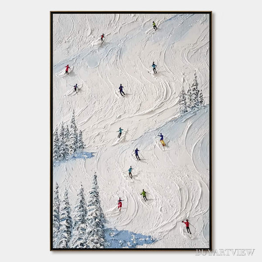 BUYARTVIEW Alpine Rush – Heavy Texture Impasto Painting of Skiers on a Mountain Slope - image 1