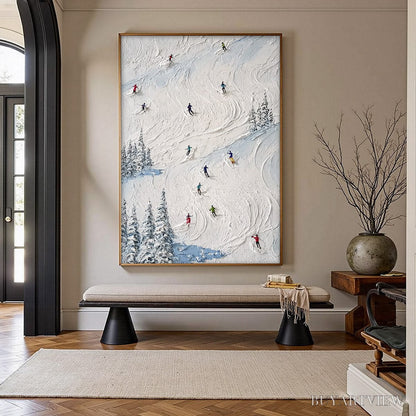 BUYARTVIEW Alpine Rush – Heavy Texture Impasto Painting of Skiers on a Mountain Slope - image 2