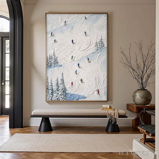 BUYARTVIEW Alpine Rush – Heavy Texture Impasto Painting of Skiers on a Mountain Slope - image 2