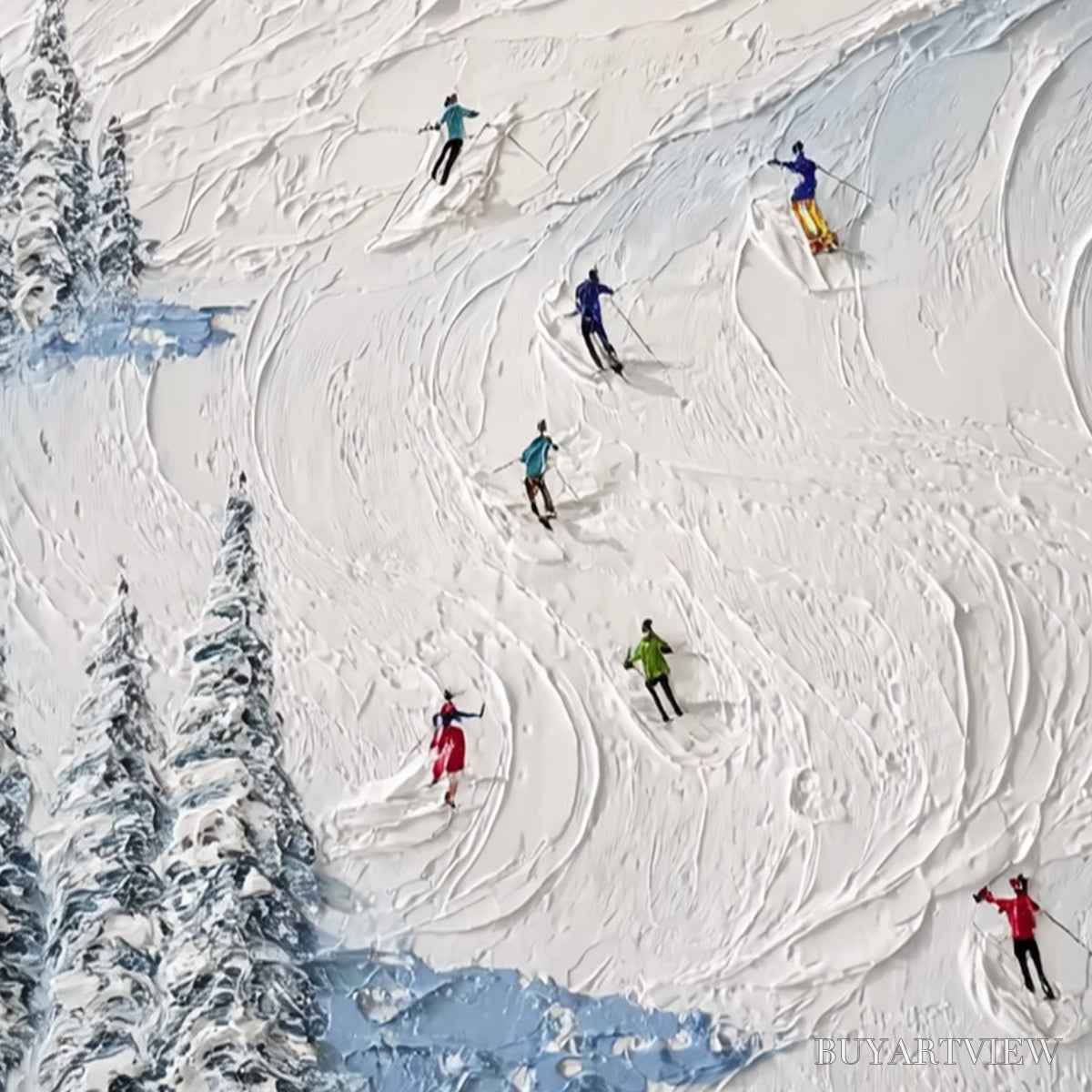 BUYARTVIEW Alpine Rush – Heavy Texture Impasto Painting of Skiers on a Mountain Slope - image 3