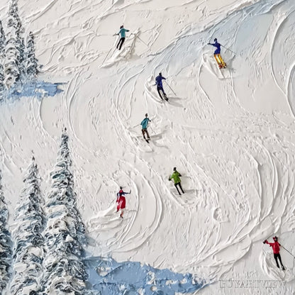 BUYARTVIEW Alpine Rush – Heavy Texture Impasto Painting of Skiers on a Mountain Slope - image 3