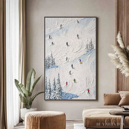 BUYARTVIEW Alpine Rush – Heavy Texture Impasto Painting of Skiers on a Mountain Slope - image 4