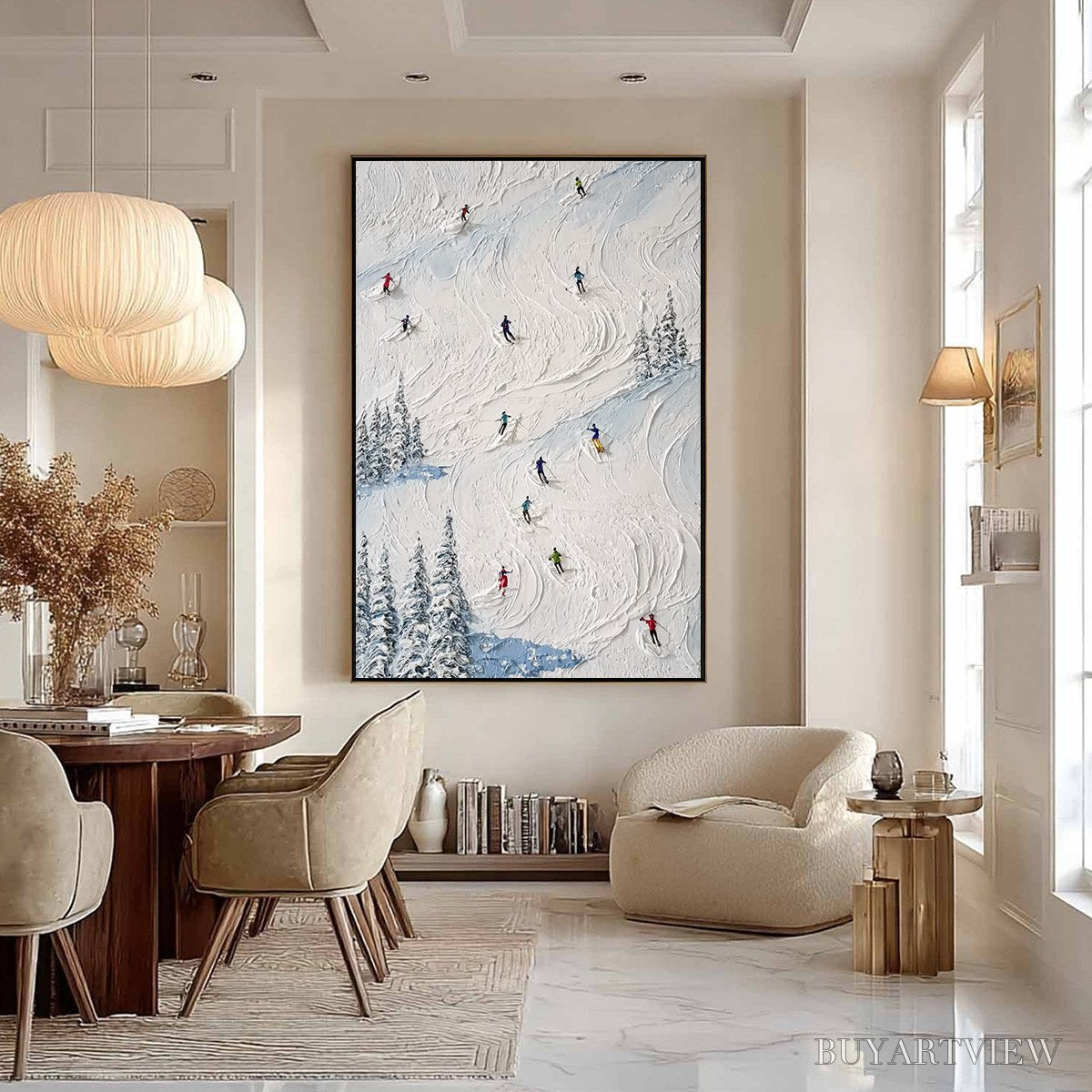 BUYARTVIEW Alpine Rush – Heavy Texture Impasto Painting of Skiers on a Mountain Slope - image 6