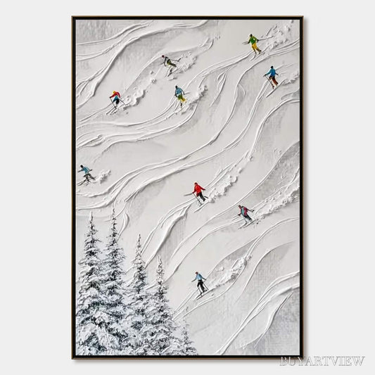 BUYARTVIEW Alpine Rush – Textured Impasto Painting of Skiers on a Snowy Mountain - image 1