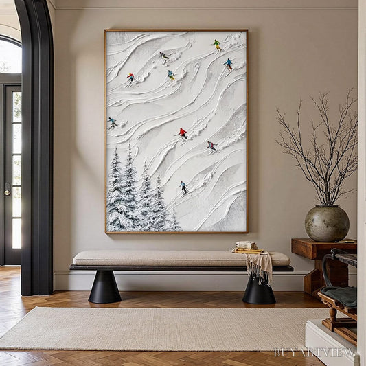 BUYARTVIEW Alpine Rush – Textured Impasto Painting of Skiers on a Snowy Mountain - image 2