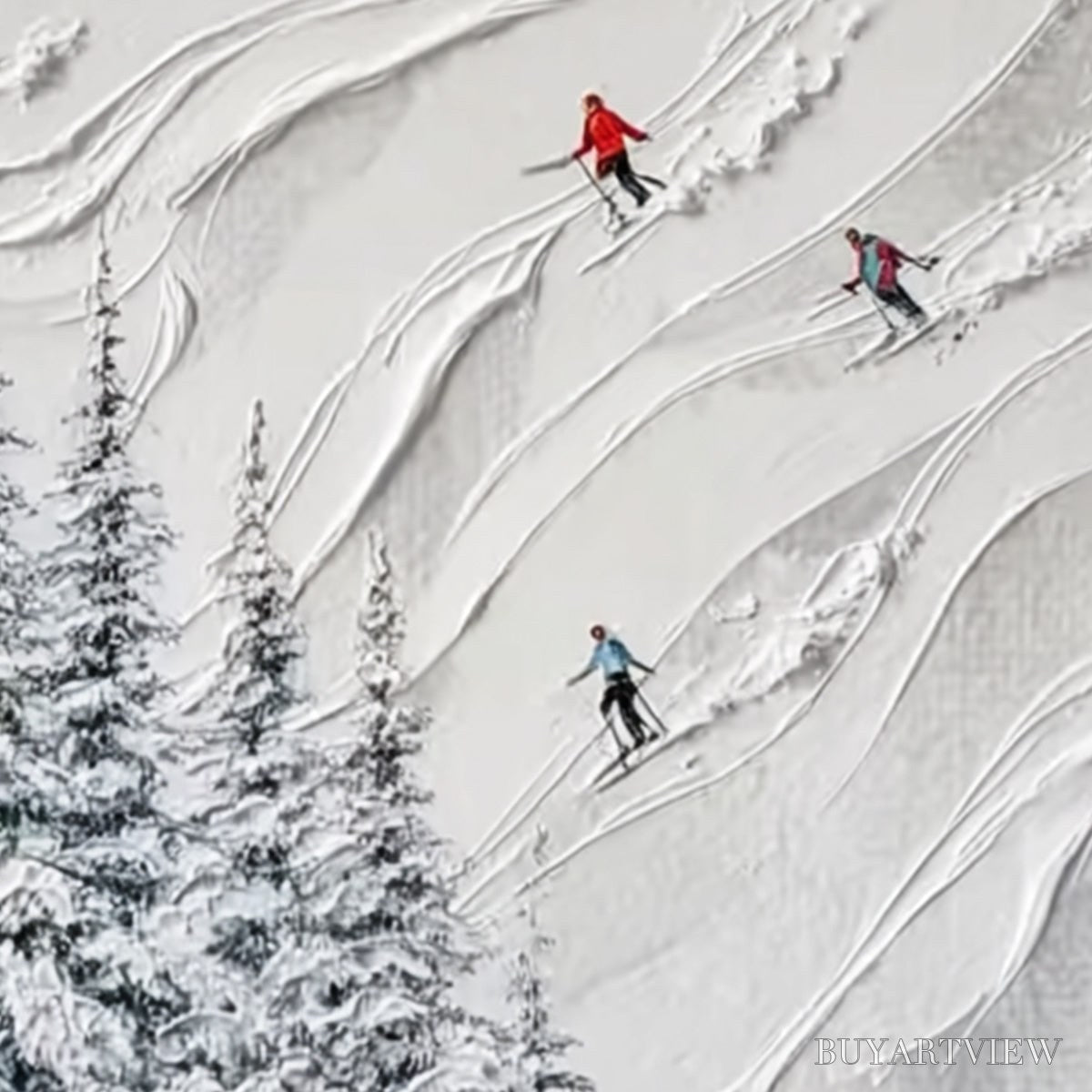 BUYARTVIEW Alpine Rush – Textured Impasto Painting of Skiers on a Snowy Mountain - image 3