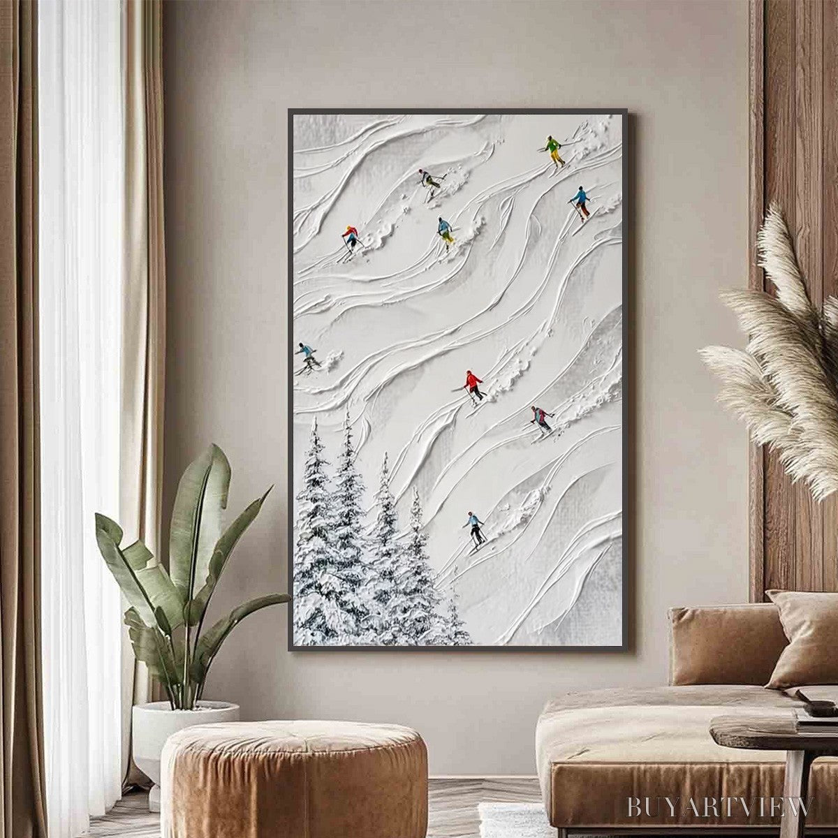 BUYARTVIEW Alpine Rush – Textured Impasto Painting of Skiers on a Snowy Mountain - image 4