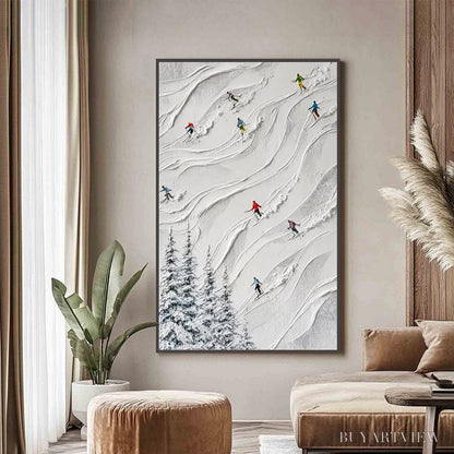 BUYARTVIEW Alpine Rush – Textured Impasto Painting of Skiers on a Snowy Mountain - image 4
