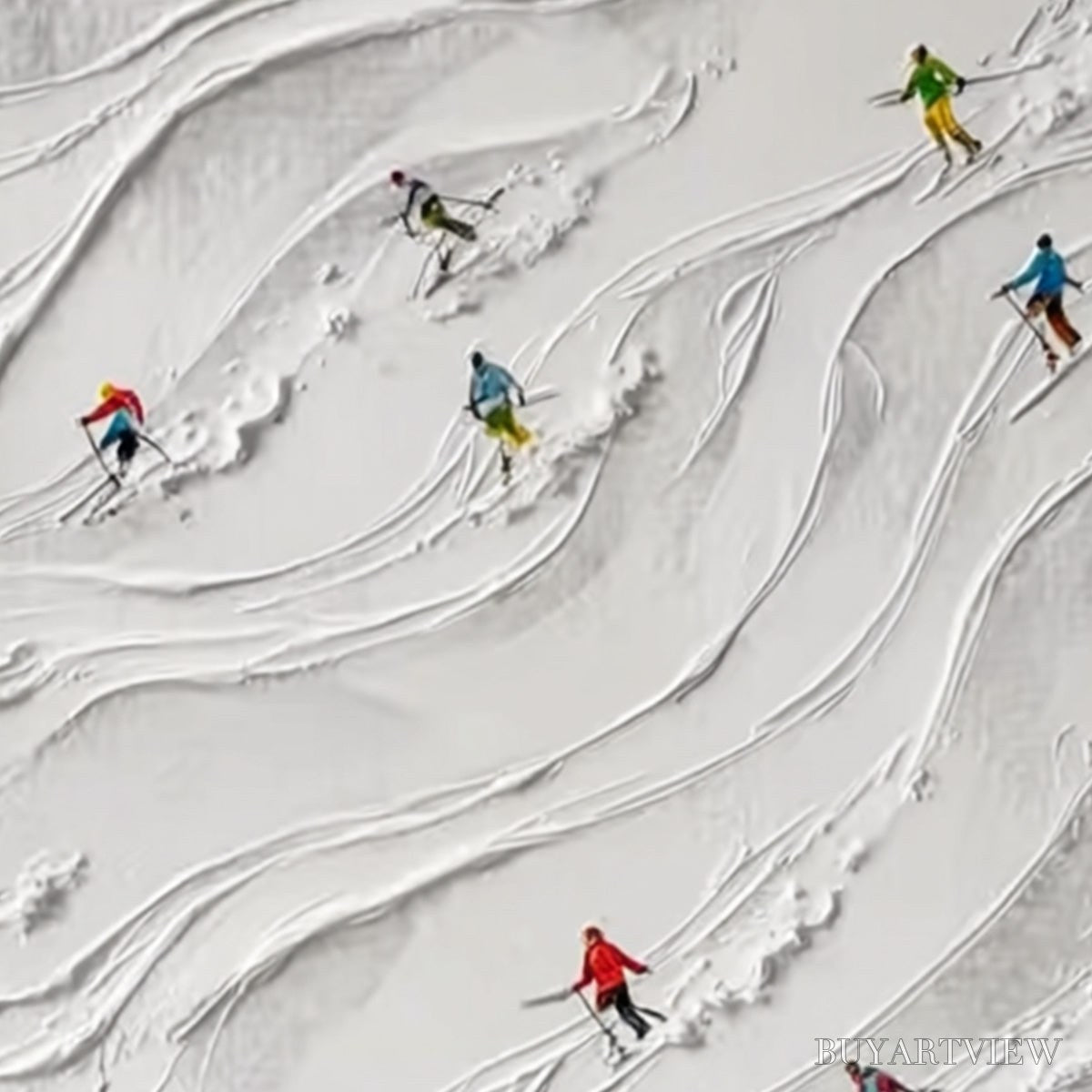 BUYARTVIEW Alpine Rush – Textured Impasto Painting of Skiers on a Snowy Mountain - image 5