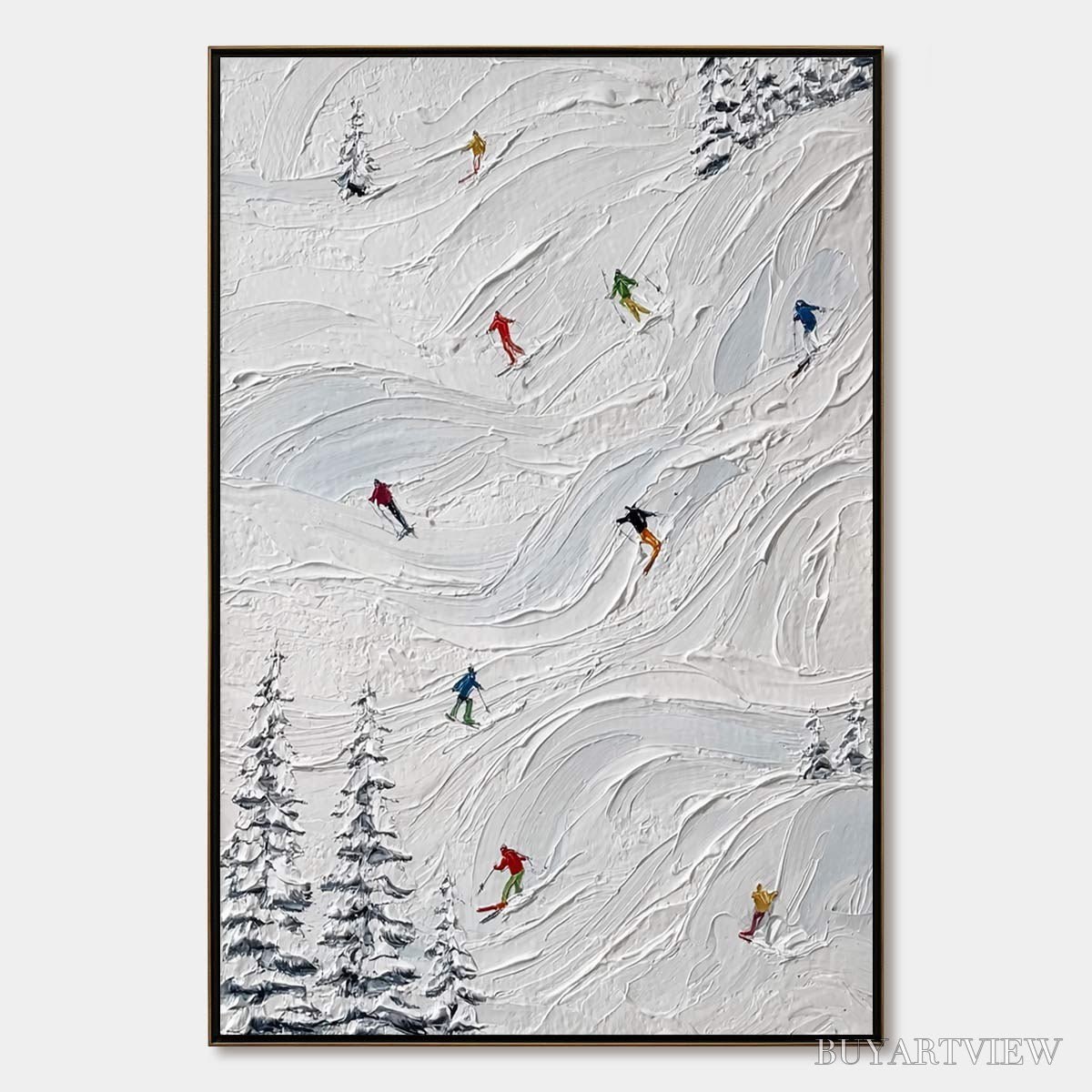 BUYARTVIEW Alpine Rush – Textured Impasto Painting of Skiers on Snowy Slopes - image 1