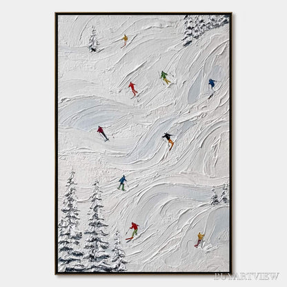 BUYARTVIEW Alpine Rush – Textured Impasto Painting of Skiers on Snowy Slopes - image 1