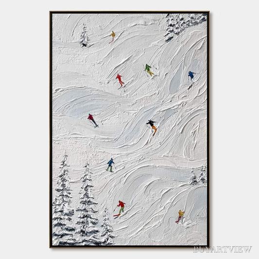 BUYARTVIEW Alpine Rush – Textured Impasto Painting of Skiers on Snowy Slopes - image 1