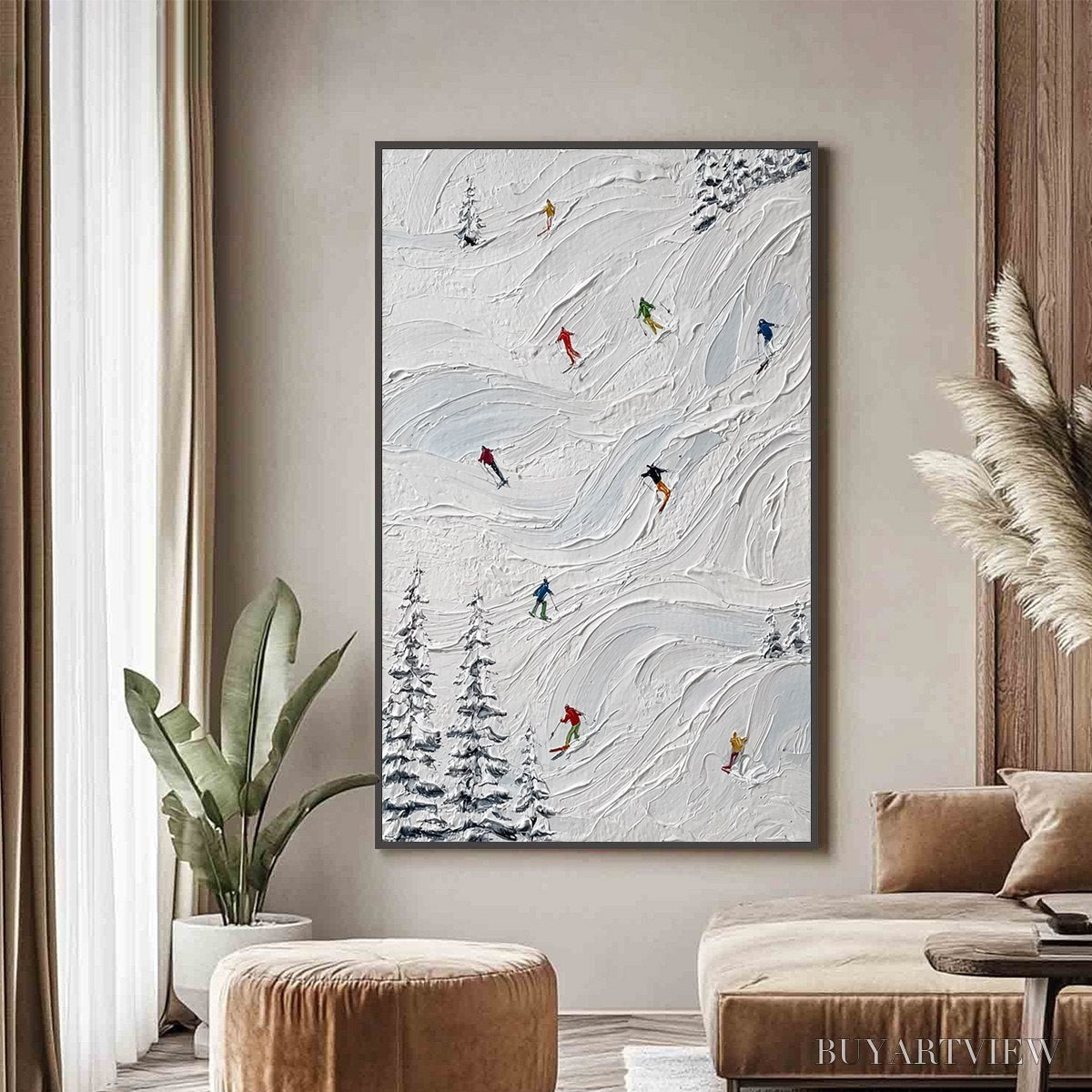 BUYARTVIEW Alpine Rush – Textured Impasto Painting of Skiers on Snowy Slopes - image 2