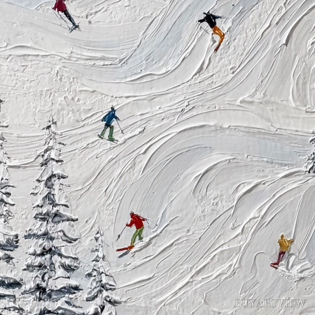 BUYARTVIEW Alpine Rush – Textured Impasto Painting of Skiers on Snowy Slopes - image 3