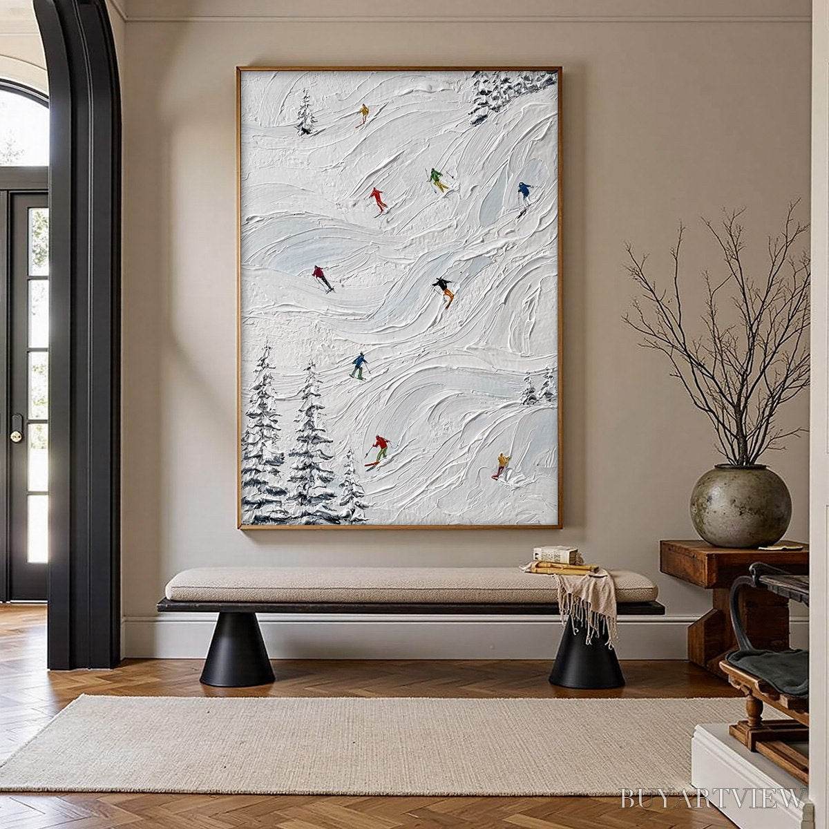 BUYARTVIEW Alpine Rush – Textured Impasto Painting of Skiers on Snowy Slopes - image 4