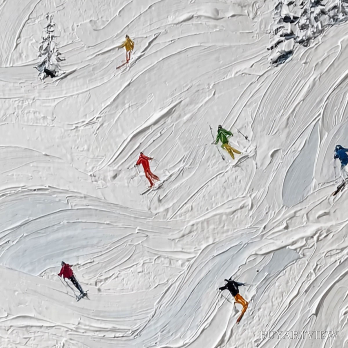 BUYARTVIEW Alpine Rush – Textured Impasto Painting of Skiers on Snowy Slopes - image 5