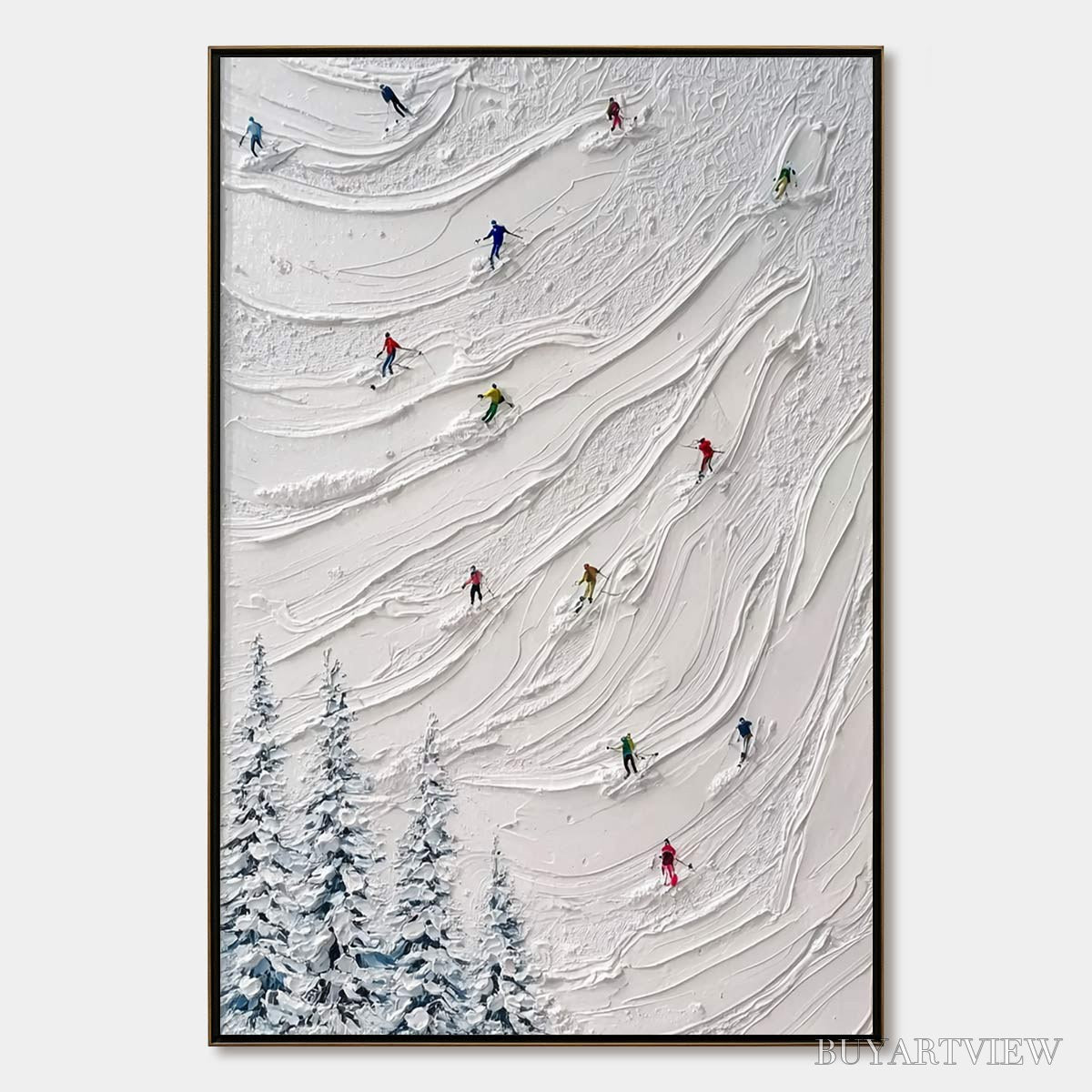 BUYARTVIEW Alpine Rush – Textured Impasto Painting of Skiers on a Snowy Mountain - image 1