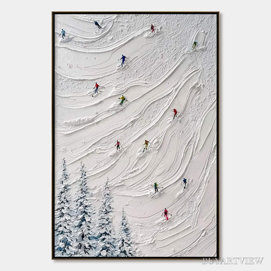 BUYARTVIEW Alpine Rush – Textured Impasto Painting of Skiers on a Snowy Mountain - image 1