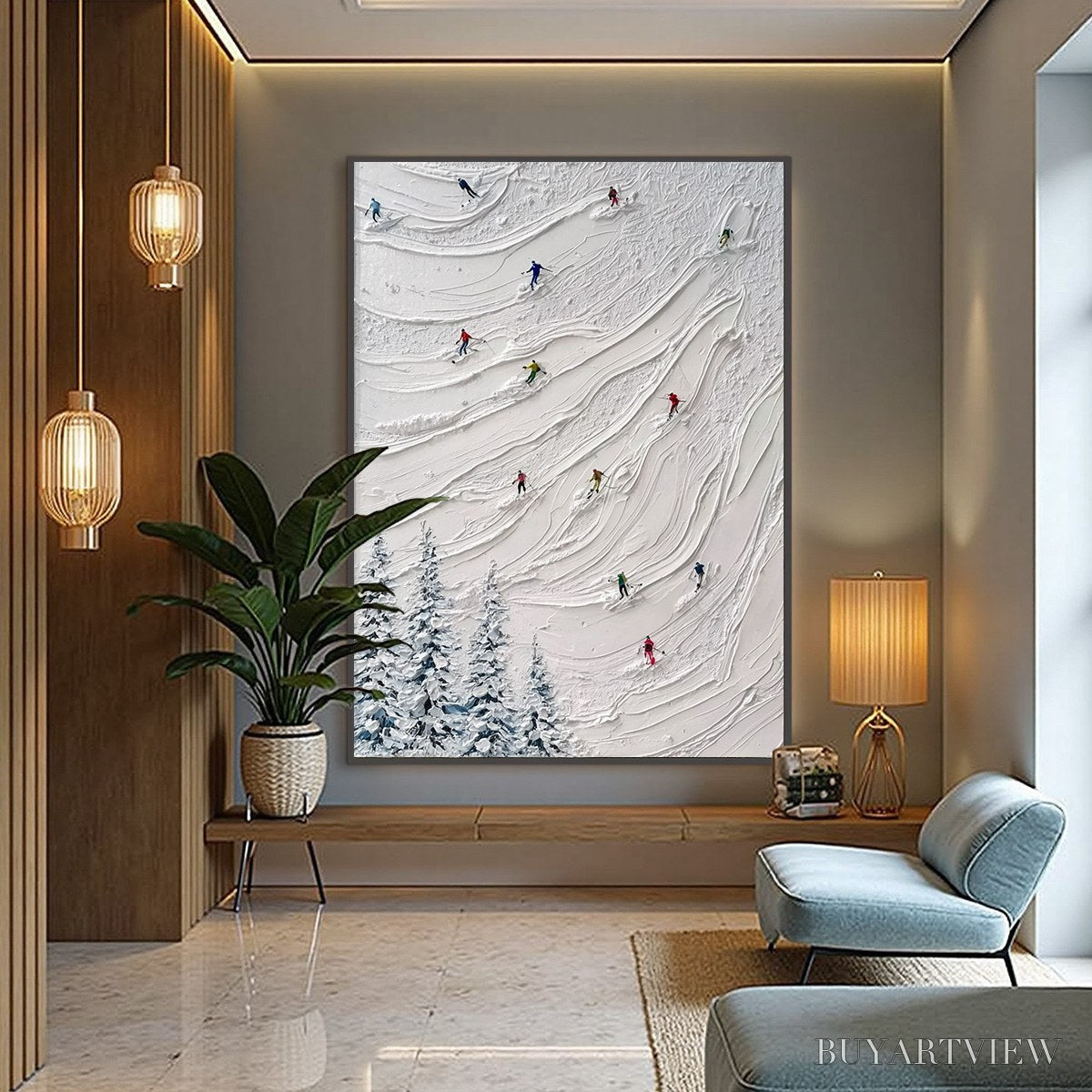 BUYARTVIEW Alpine Rush – Textured Impasto Painting of Skiers on a Snowy Mountain - image 2
