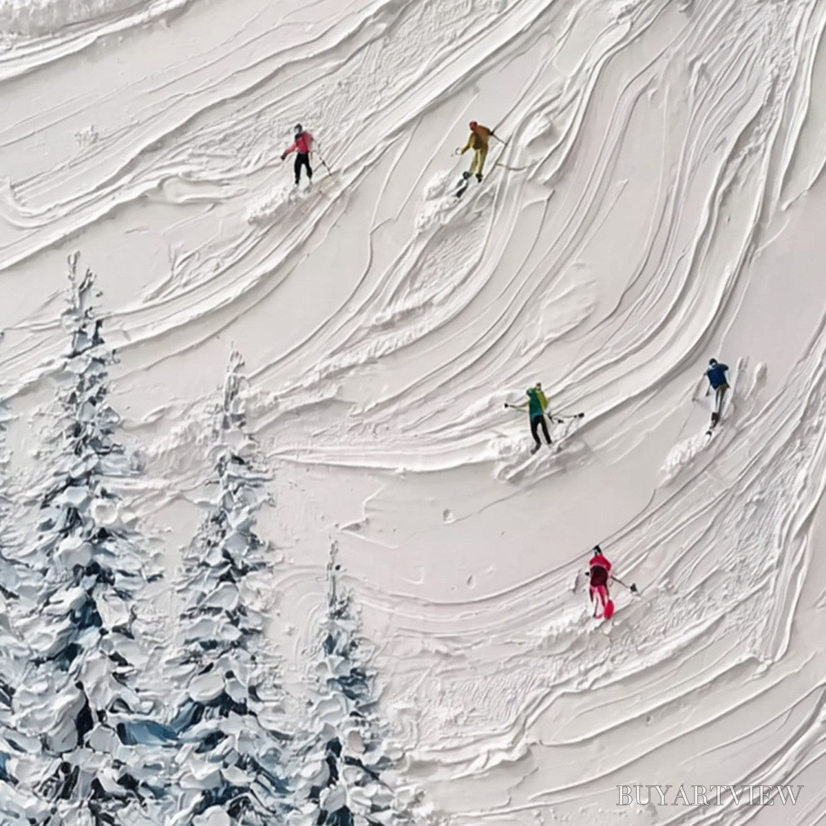 BUYARTVIEW Alpine Rush – Textured Impasto Painting of Skiers on a Snowy Mountain - image 3