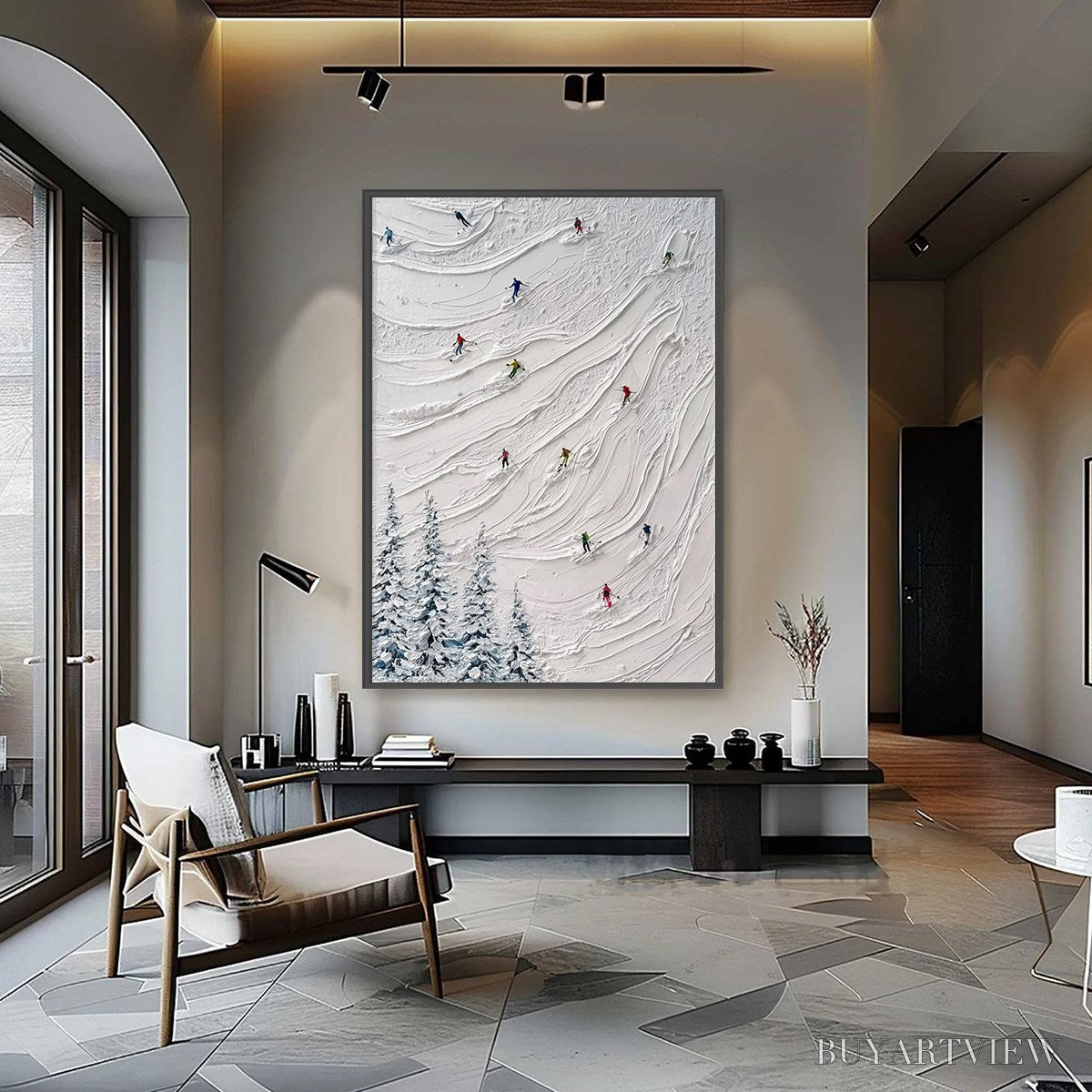 BUYARTVIEW Alpine Rush – Textured Impasto Painting of Skiers on a Snowy Mountain - image 4