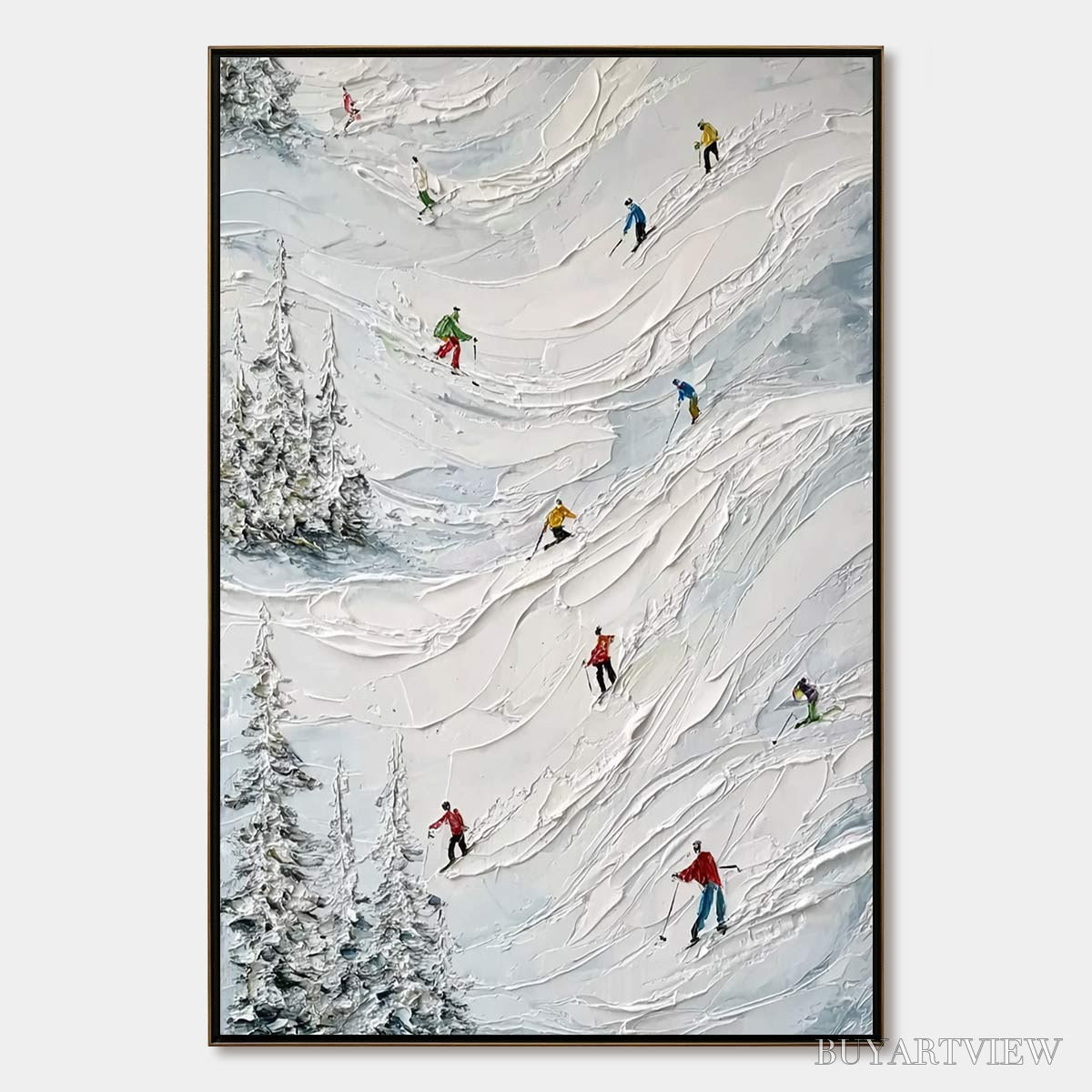 BUYARTVIEW Alpine Rush – Heavy Texture Impasto Painting of Skiers on a Mountain - image 1