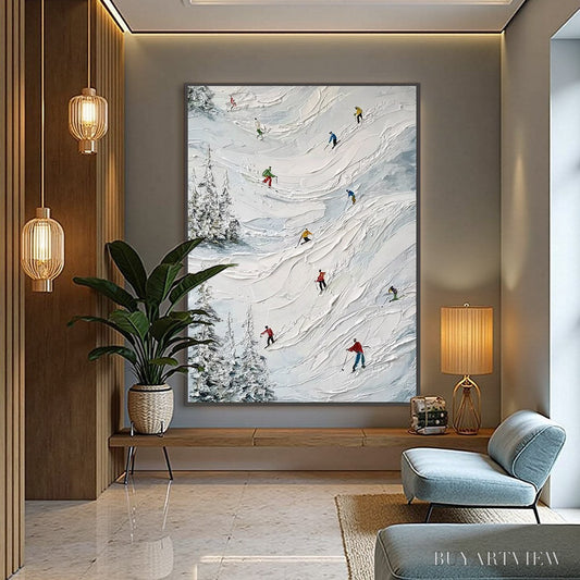 BUYARTVIEW Alpine Rush – Heavy Texture Impasto Painting of Skiers on a Mountain - image 2
