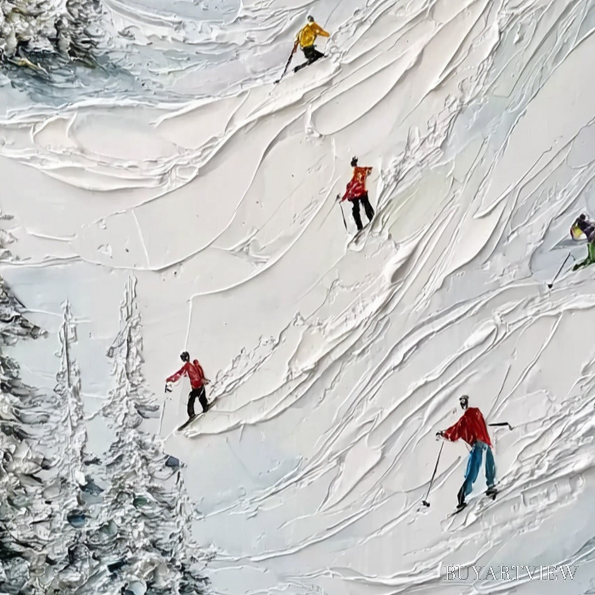 BUYARTVIEW Alpine Rush – Heavy Texture Impasto Painting of Skiers on a Mountain - image 3