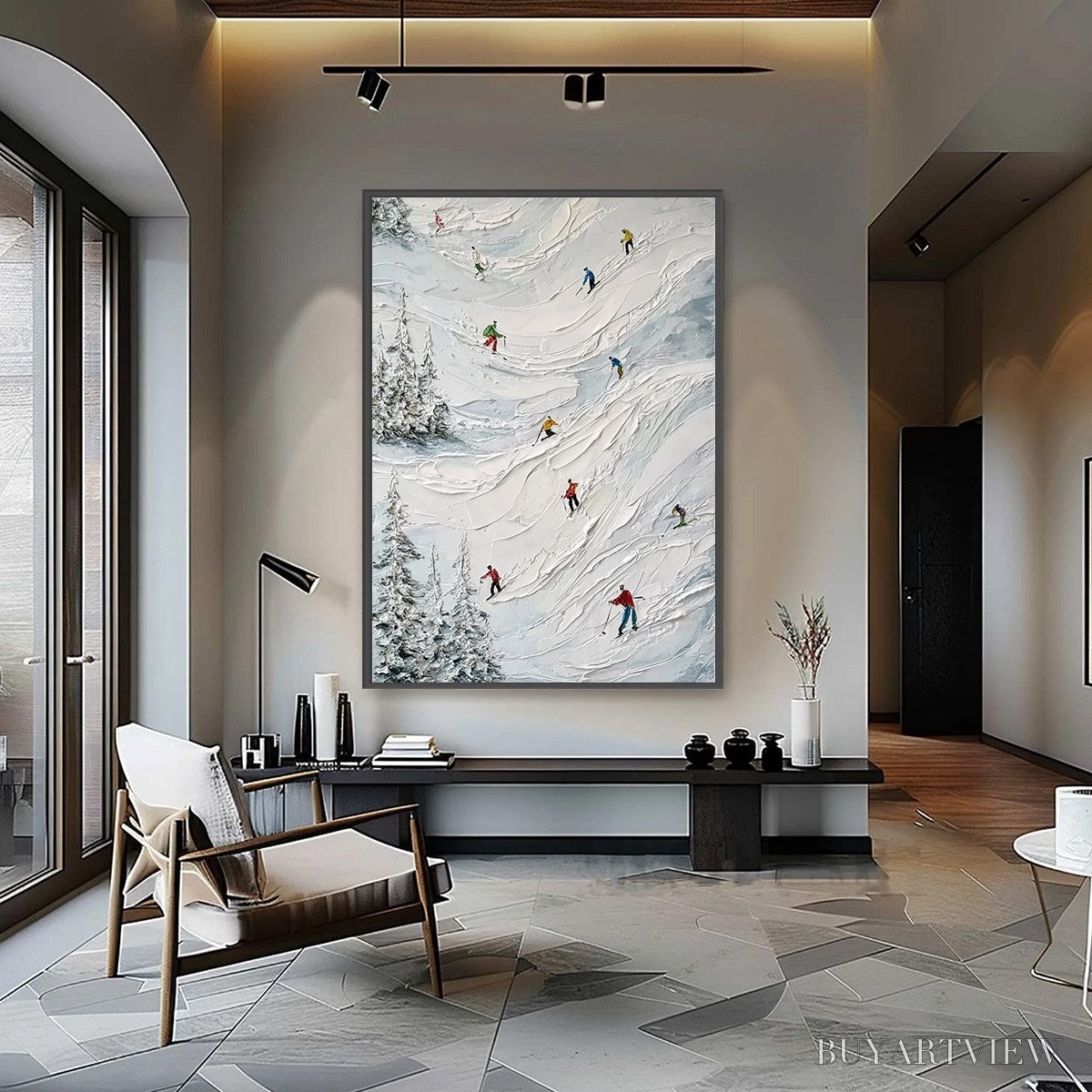 BUYARTVIEW Alpine Rush – Heavy Texture Impasto Painting of Skiers on a Mountain - image 4
