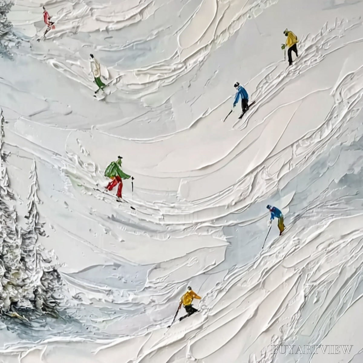 BUYARTVIEW Alpine Rush – Heavy Texture Impasto Painting of Skiers on a Mountain - image 5
