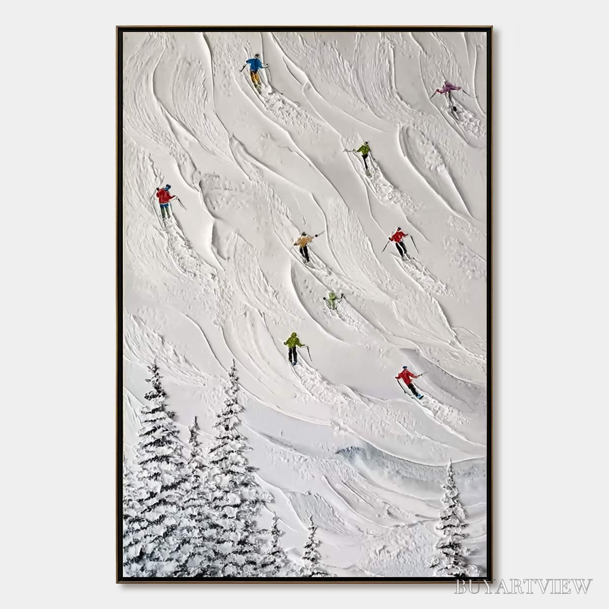 BUYARTVIEW Alpine Rush – Textured Impasto Painting of Skiers on a Snowy Mountain - image 1