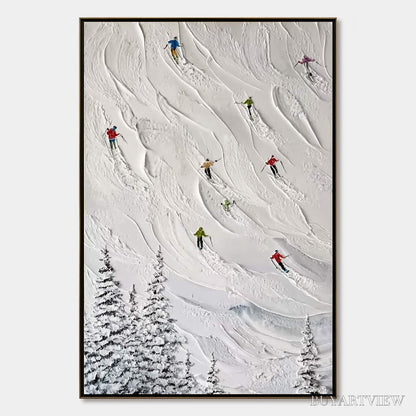 BUYARTVIEW Alpine Rush – Textured Impasto Painting of Skiers on a Snowy Mountain - image 1