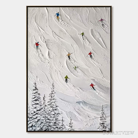 BUYARTVIEW Alpine Rush – Textured Impasto Painting of Skiers on a Snowy Mountain - image 1