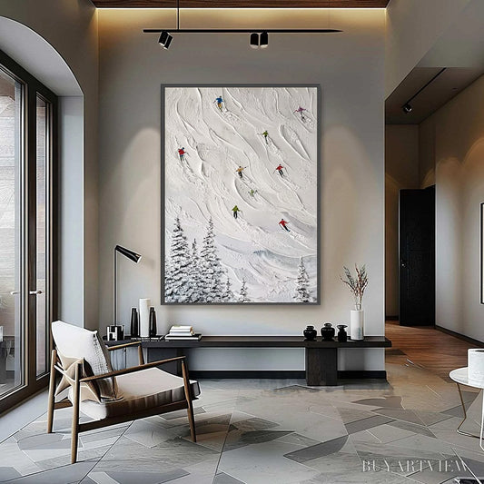 BUYARTVIEW Alpine Rush – Textured Impasto Painting of Skiers on a Snowy Mountain - image 2