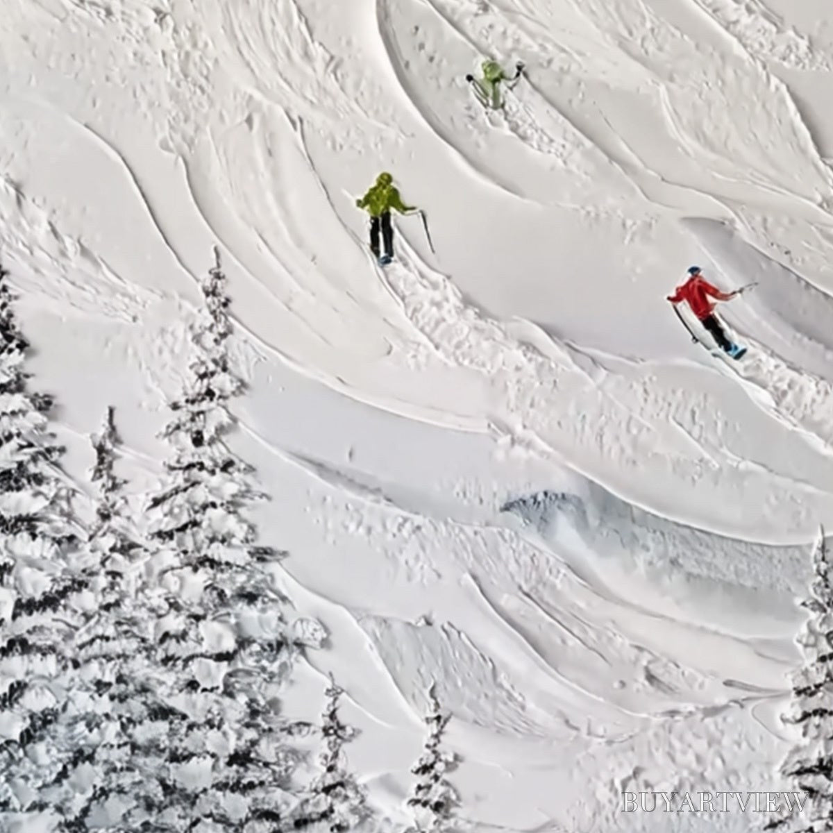 BUYARTVIEW Alpine Rush – Textured Impasto Painting of Skiers on a Snowy Mountain - image 3