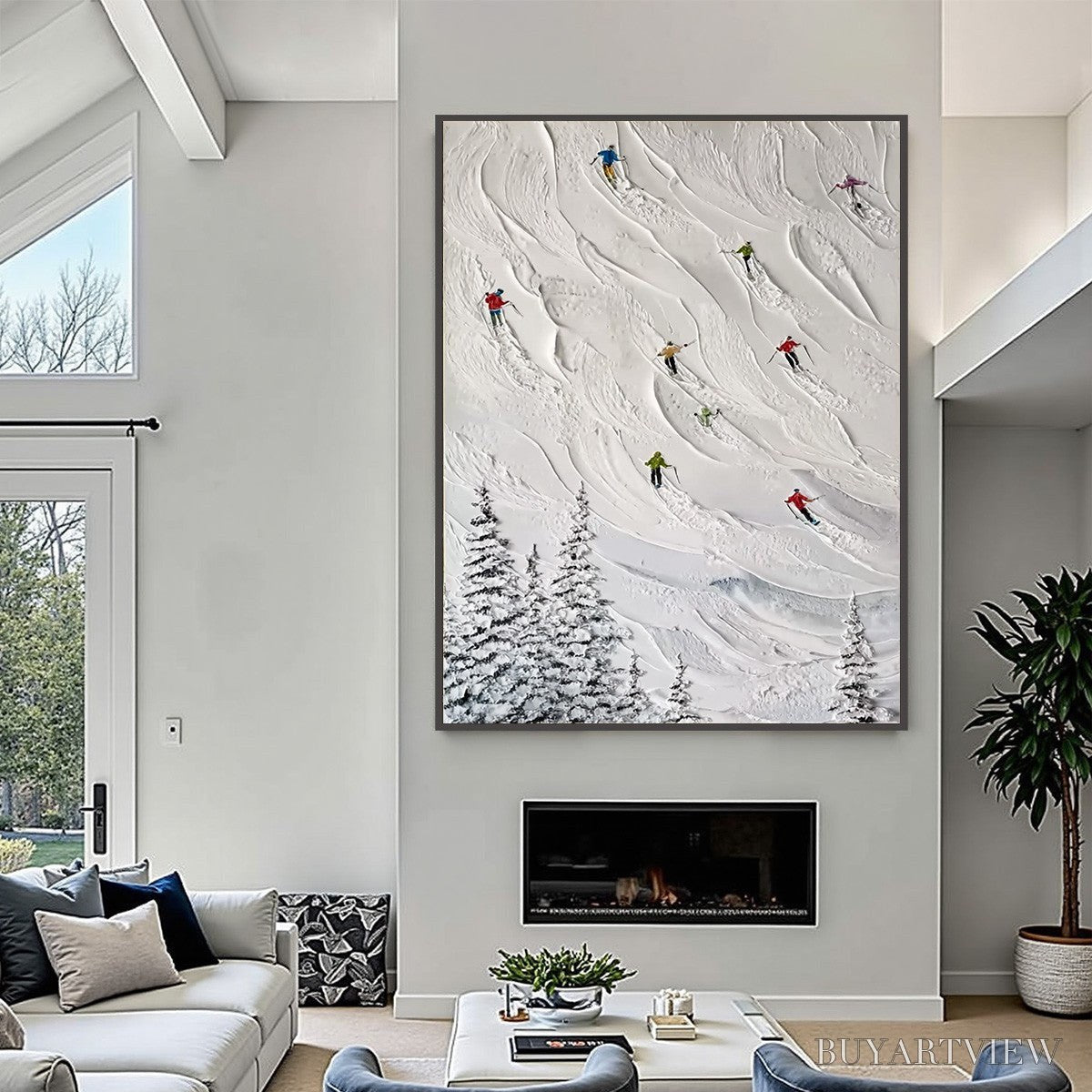 BUYARTVIEW Alpine Rush – Textured Impasto Painting of Skiers on a Snowy Mountain - image 4
