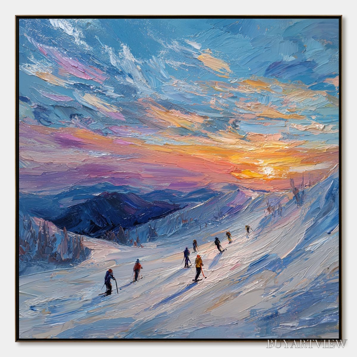 BUYARTVIEW Alpine Glow – Textured Palette Knife Skiing Mountain Landscape Painting - image 1