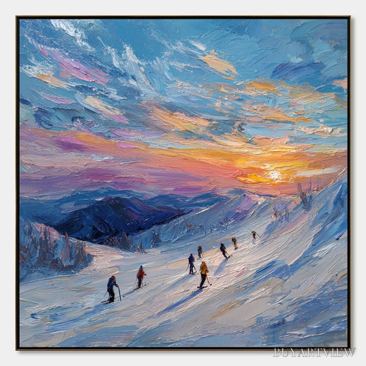 BUYARTVIEW Alpine Glow – Textured Palette Knife Skiing Mountain Landscape Painting - image 1