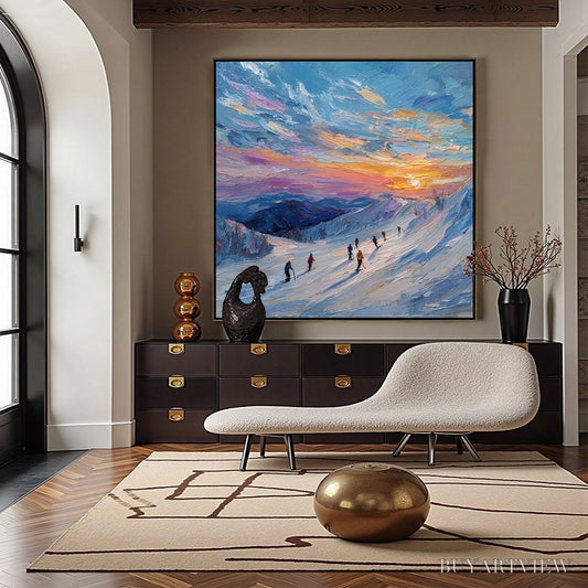 BUYARTVIEW Alpine Glow – Textured Palette Knife Skiing Mountain Landscape Painting - image 2