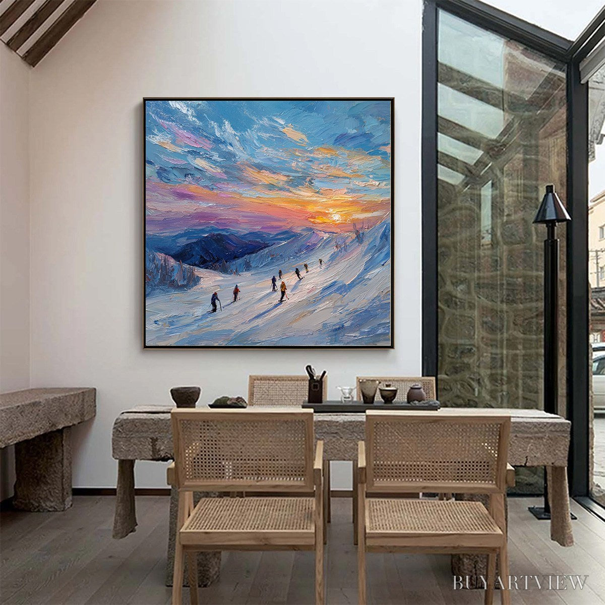 BUYARTVIEW Alpine Glow – Textured Palette Knife Skiing Mountain Landscape Painting - image 4