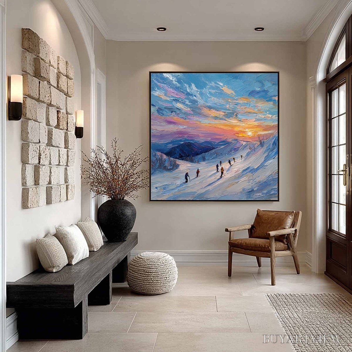 BUYARTVIEW Alpine Glow – Textured Palette Knife Skiing Mountain Landscape Painting - image 6