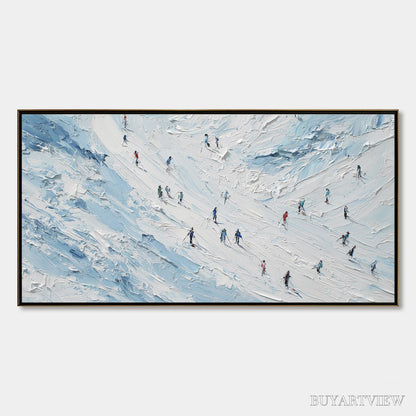 BUYARTVIEW Alpine Descent – Textured Impasto Painting of Skiers on a Snowy Mountain - image 1