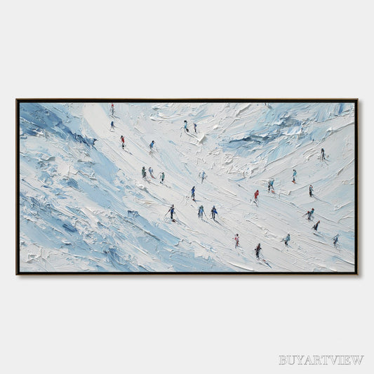 BUYARTVIEW Alpine Descent – Textured Impasto Painting of Skiers on a Snowy Mountain - image 1
