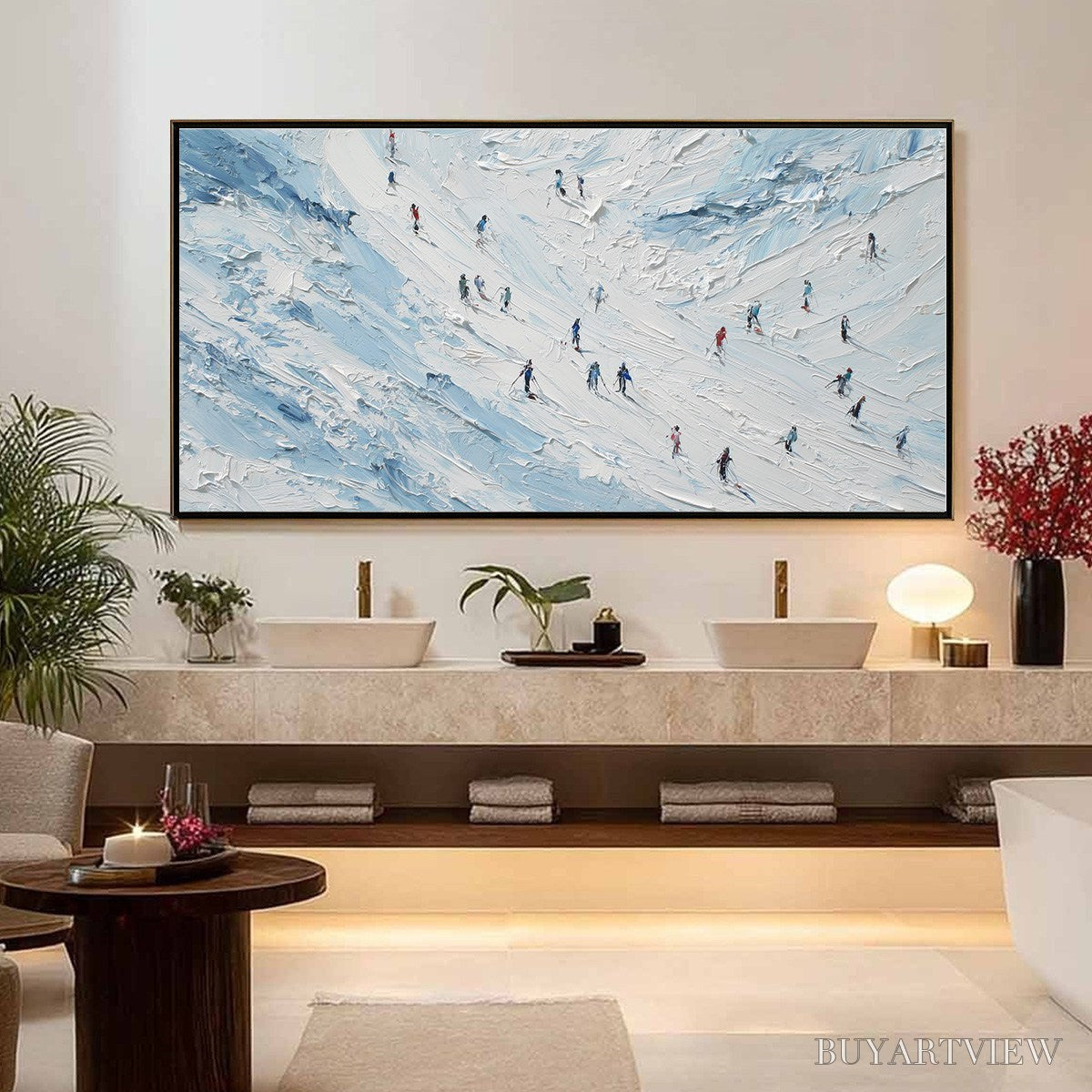 BUYARTVIEW Alpine Descent – Textured Impasto Painting of Skiers on a Snowy Mountain - image 2