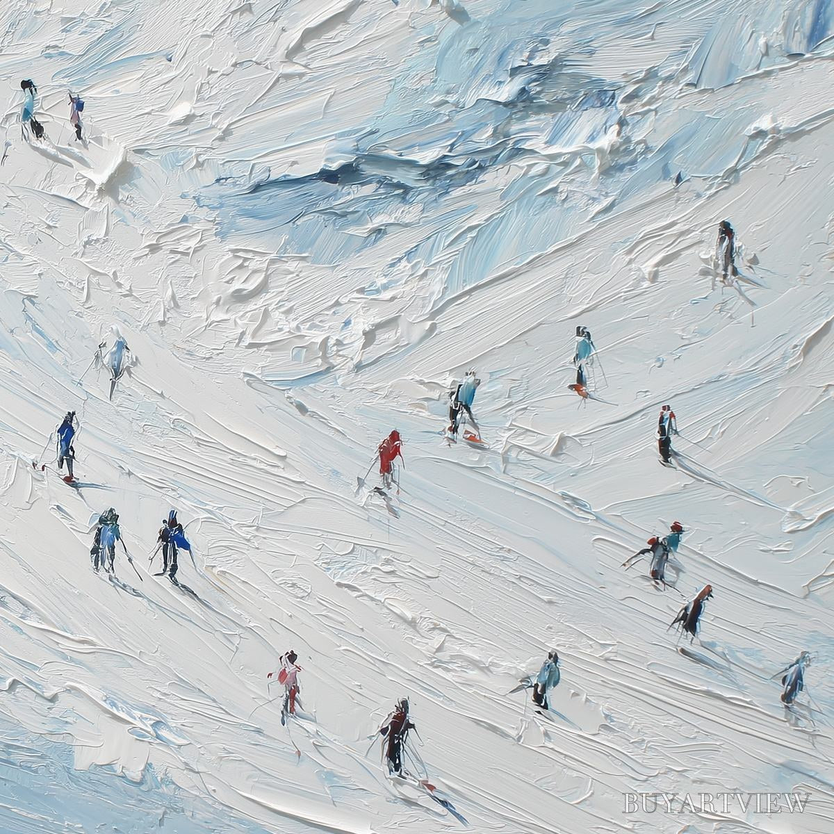 BUYARTVIEW Alpine Descent – Textured Impasto Painting of Skiers on a Snowy Mountain - image 3