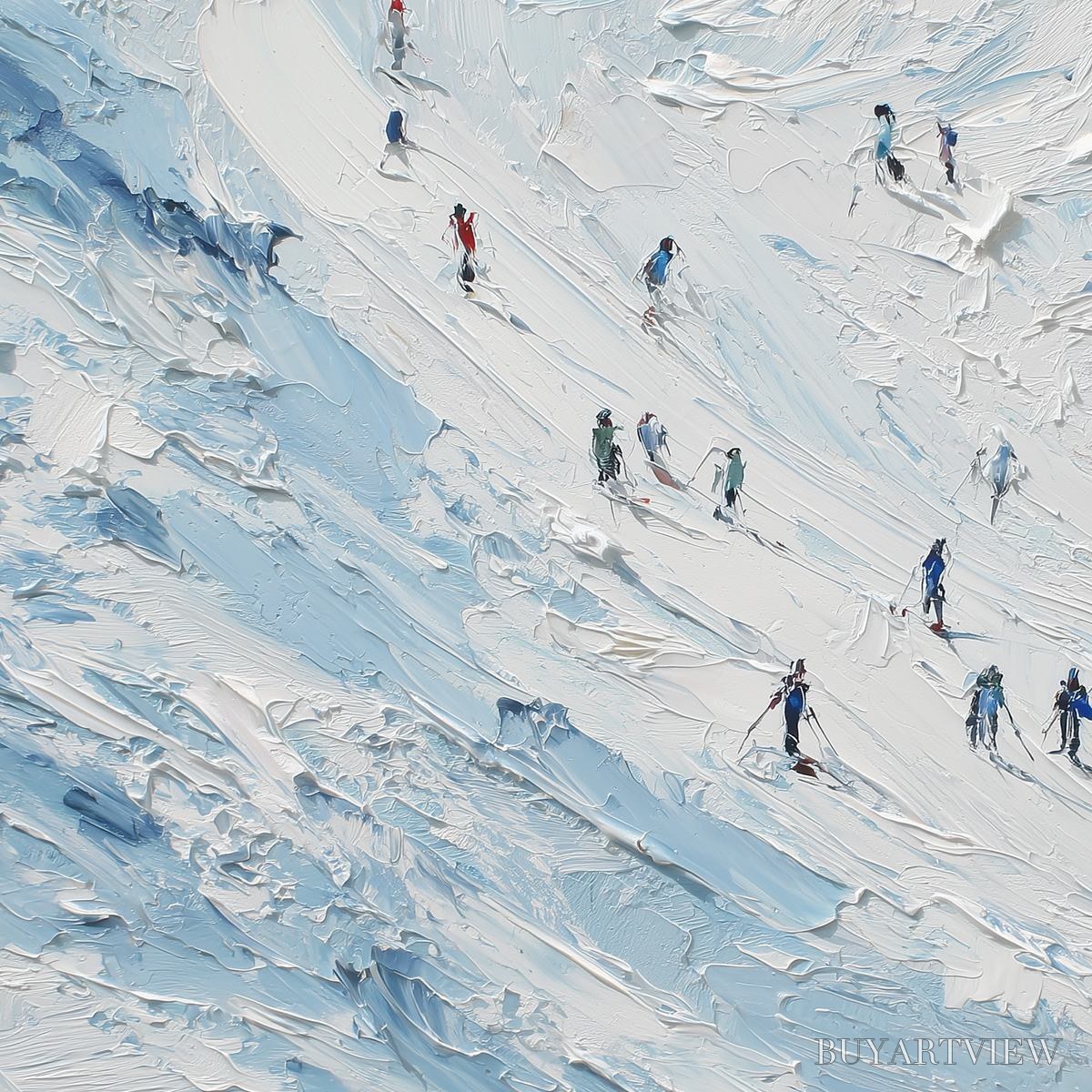 BUYARTVIEW Alpine Descent – Textured Impasto Painting of Skiers on a Snowy Mountain - image 5