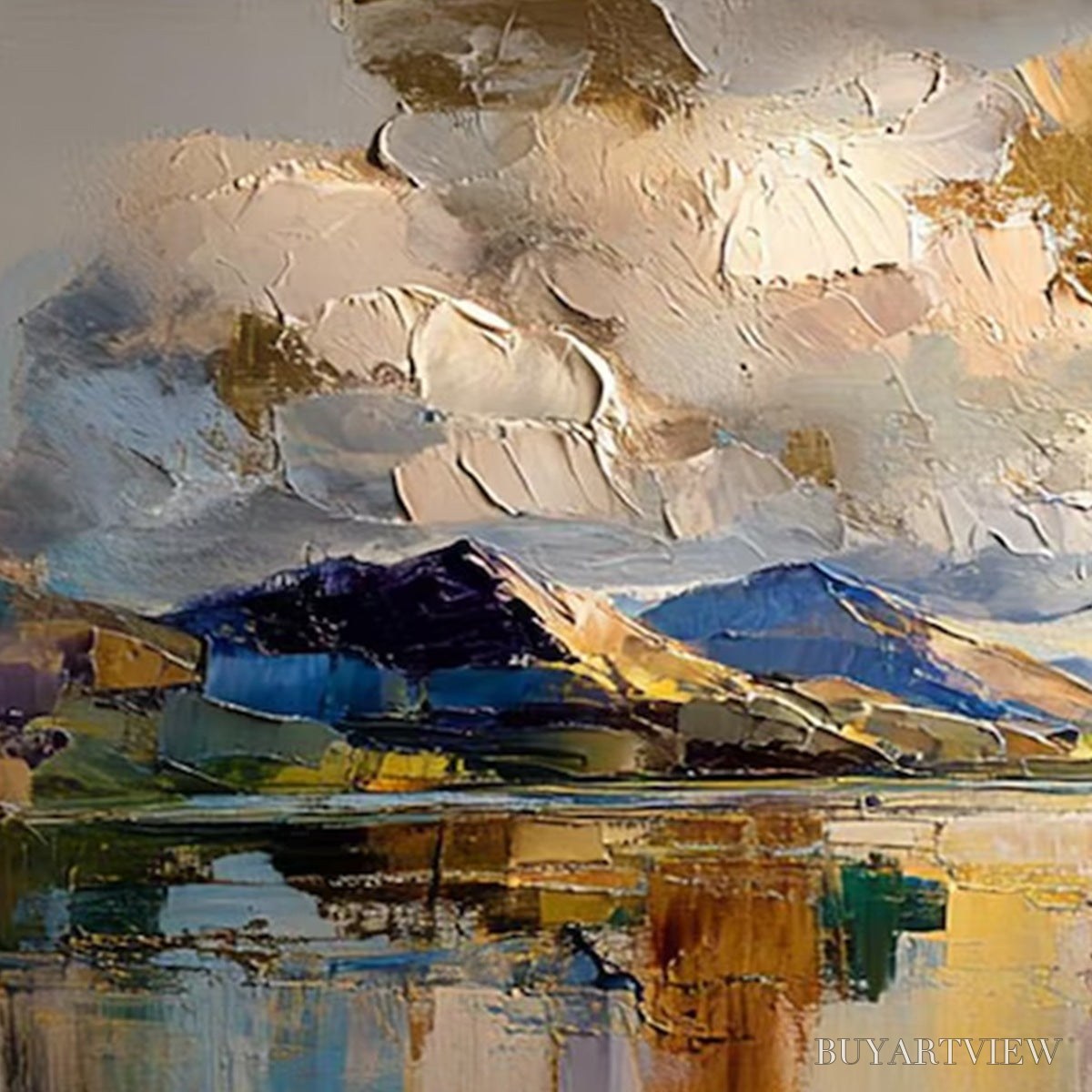 BUYARTVIEW Golden Mirror – Palette Knife Impasto Mountain Lake Painting - image 5