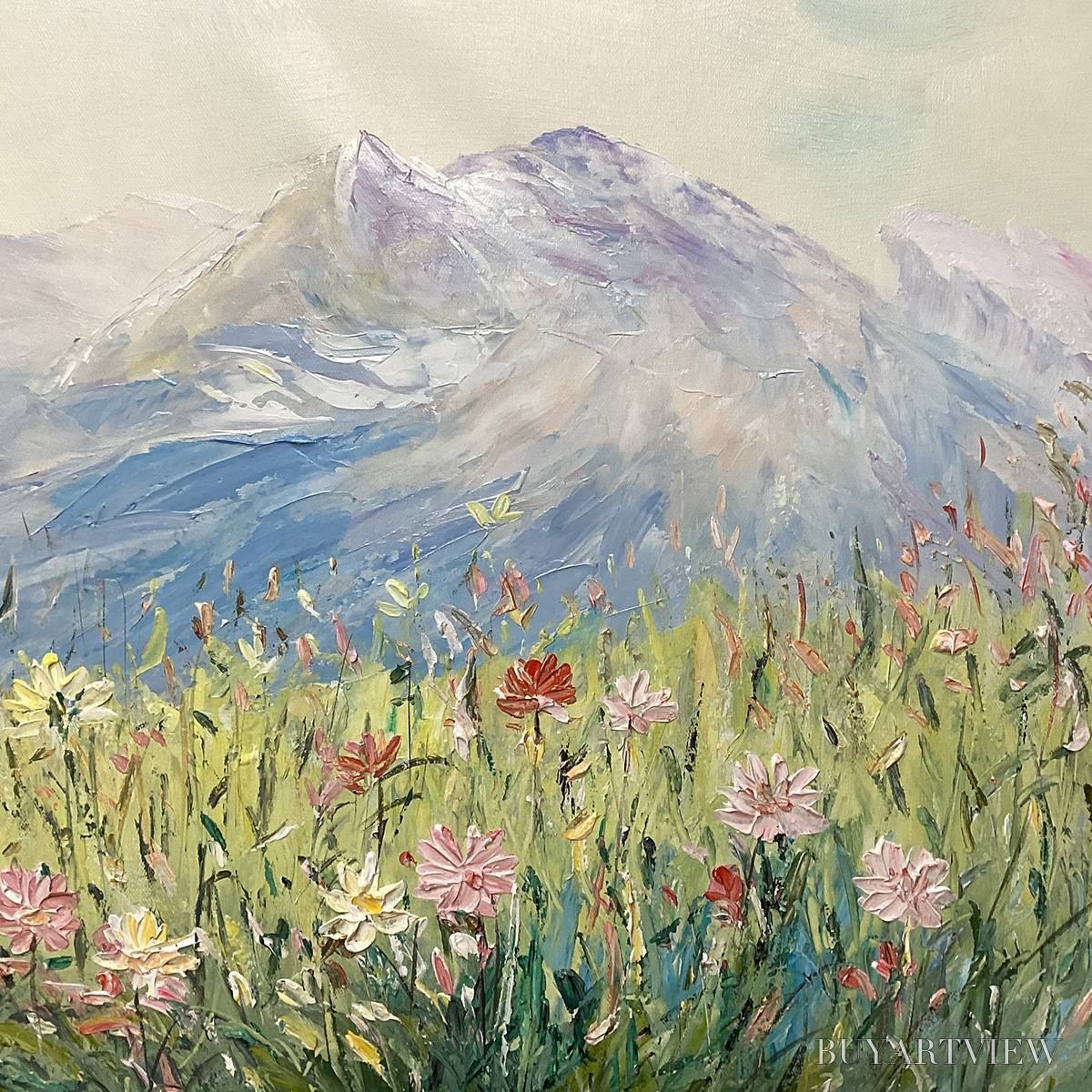 BUYARTVIEW Alpine Serenity – Impressionist Mountain Meadow Landscape Painting - image 3
