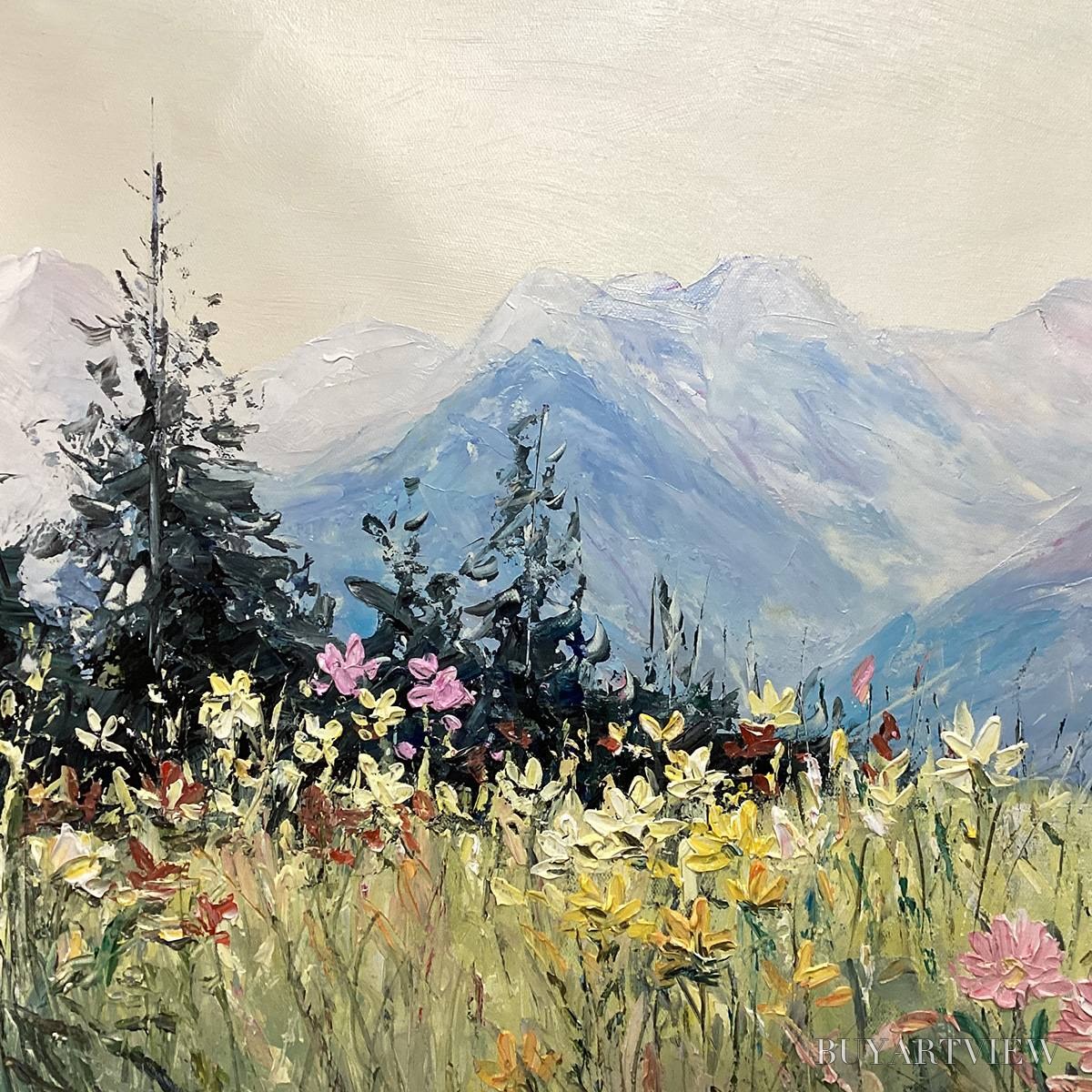 BUYARTVIEW Alpine Serenity – Impressionist Mountain Meadow Landscape Painting - image 6