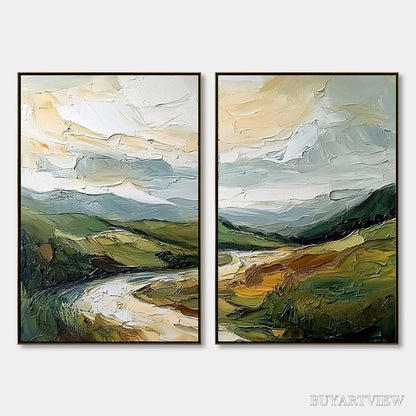 BUYARTVIEW River Valley Duet – Textured Landscape Diptych Painting - image 1